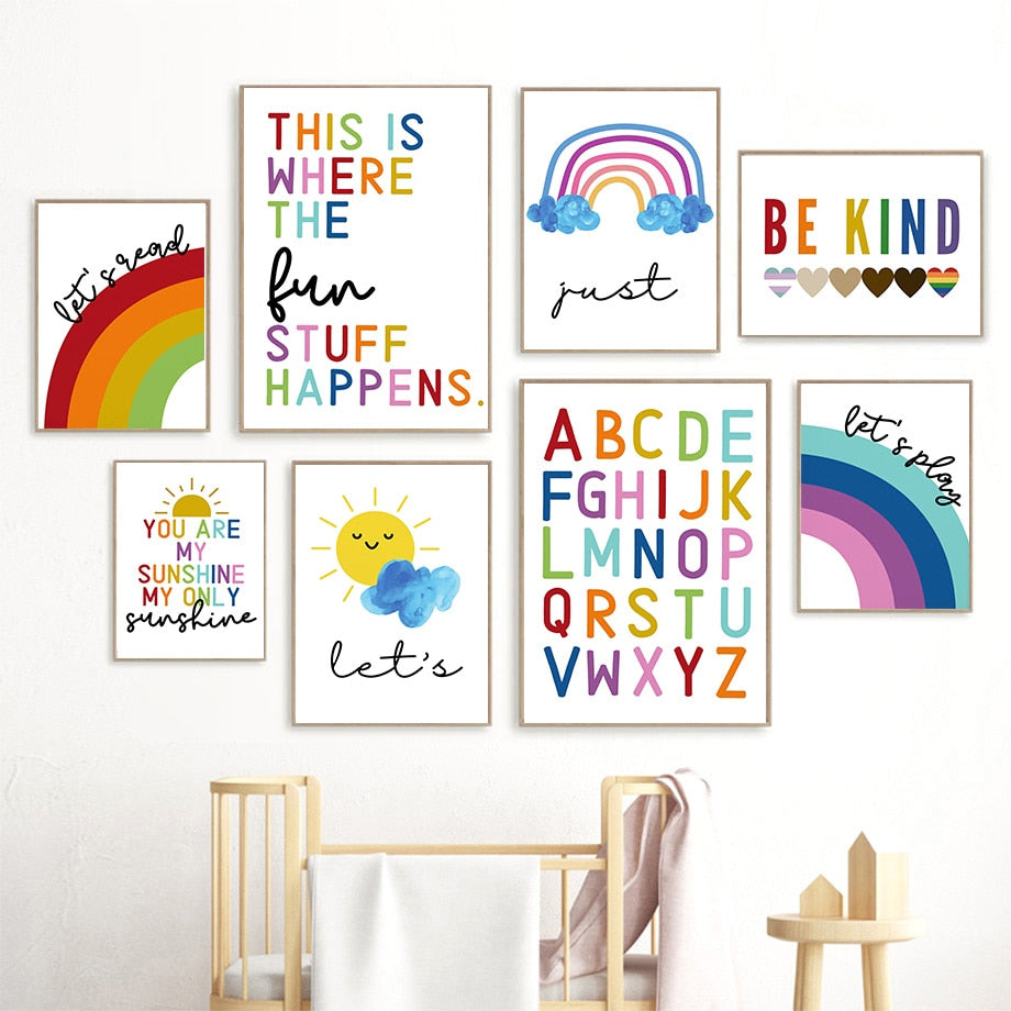 Poster Kinder Regenbogen Sonne Sprüche und Alphabet als Deko Print ohne Rahmen-0