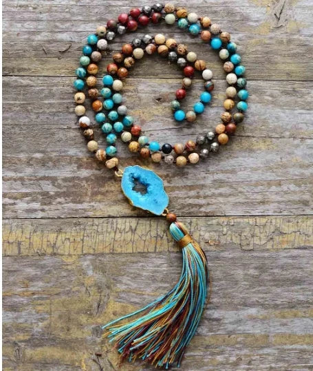 Gilded Druzy Turquoise & Jasper Tassel Necklace-0