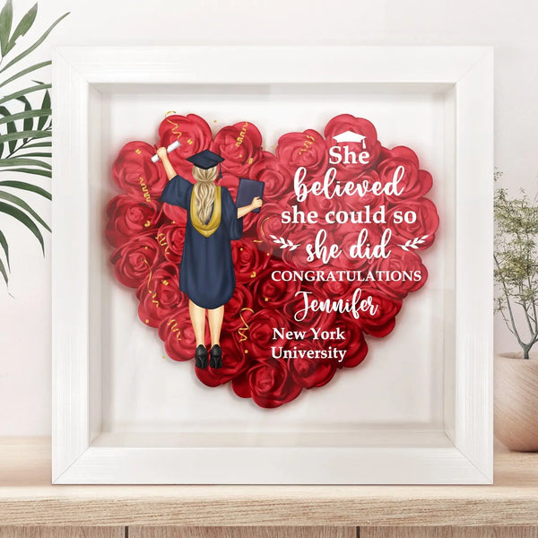 She Believed She Could - Graduation Gift, Gift For Friends - Personalized Flower Shadow Box - Memoriex