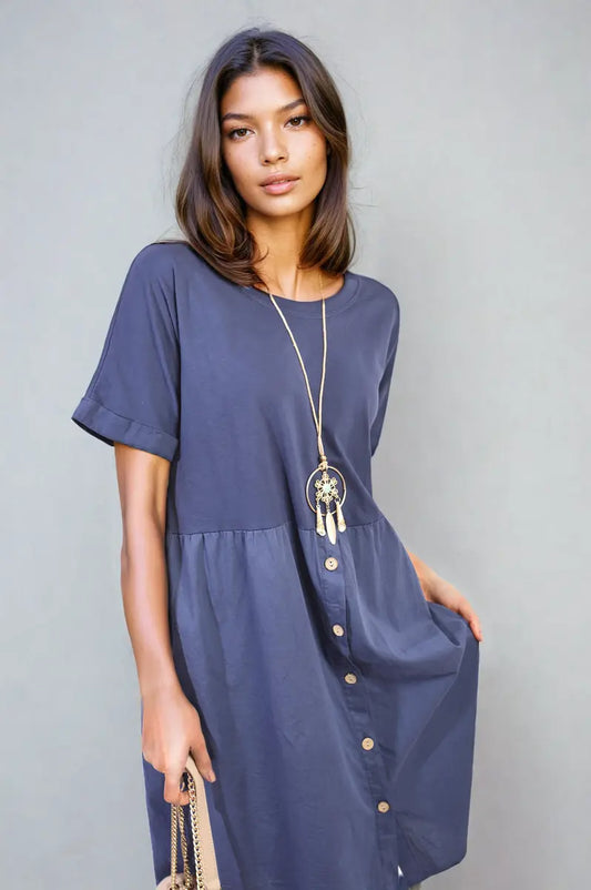 Short Sleeve Button Front Midi Dress-0