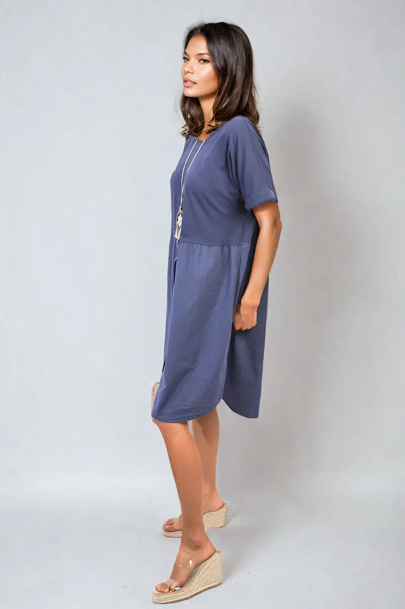 Short Sleeve Button Front Midi Dress-1