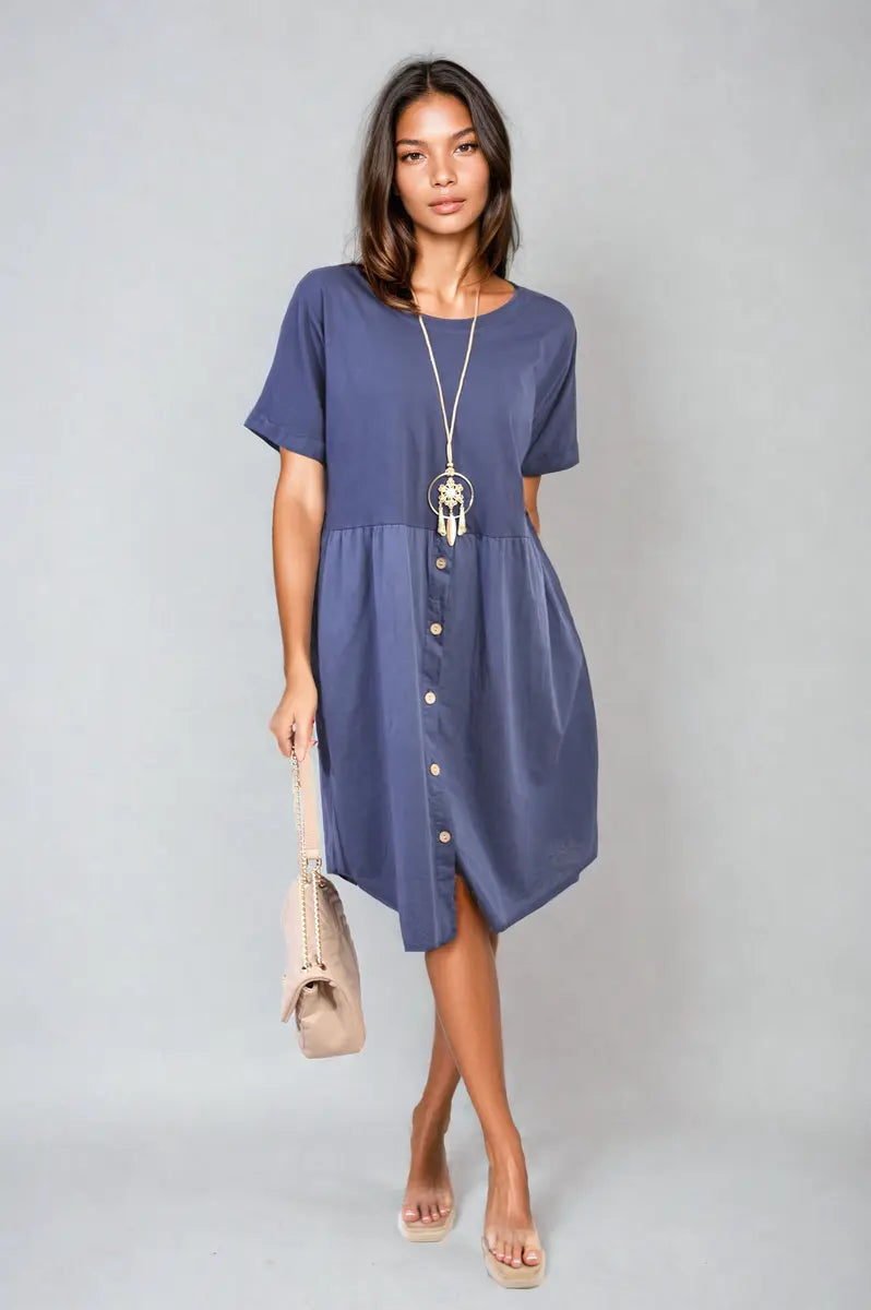 Short Sleeve Button Front Midi Dress-3