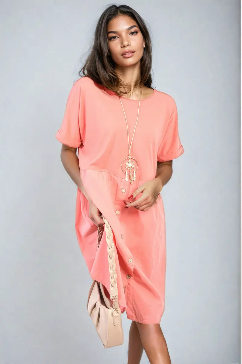 Short Sleeve Button Front Midi Dress-4