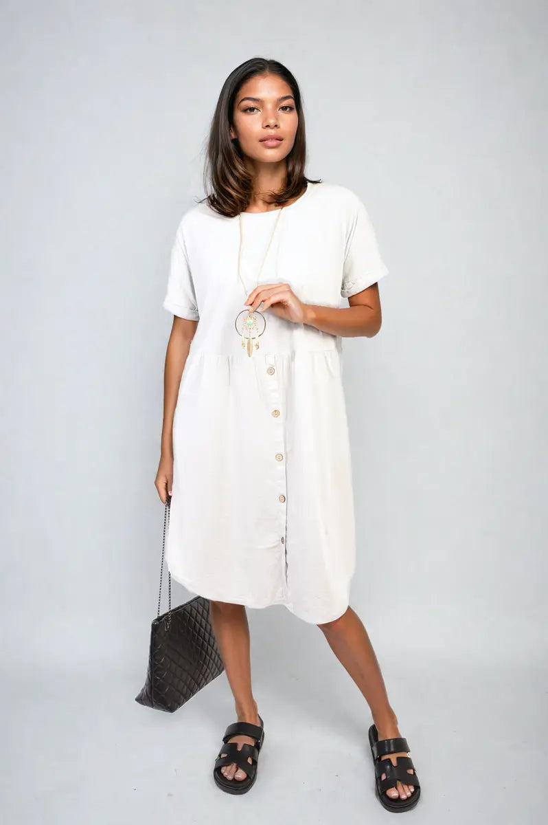 Short Sleeve Button Front Midi Dress-9