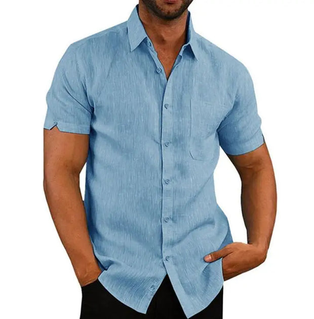 Short Sleeve Shirt Men Lapel Neck Button Pockets Solid Male Blouse Tops Men Brand Clothes - Memoriex 