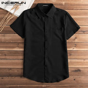 Short Sleeve Shirt Men Lapel Neck Button Pockets Solid Male Blouse Tops Men Brand Clothes - Memoriex 