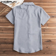 Short Sleeve Shirt Men Lapel Neck Button Pockets Solid Male Blouse Tops Men Brand Clothes - Memoriex 
