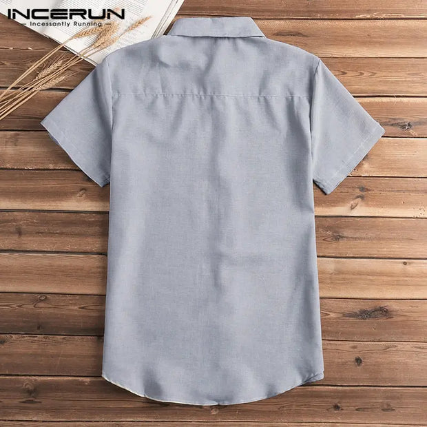 Short Sleeve Shirt Men Lapel Neck Button Pockets Solid Male Blouse Tops Men Brand Clothes - Memoriex 