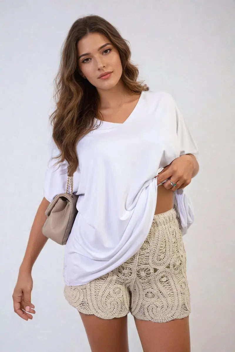 Short Sleeve V-Neck Loose Top-0