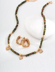 Shoushan Stone Beaded Heart Charm Necklace-2