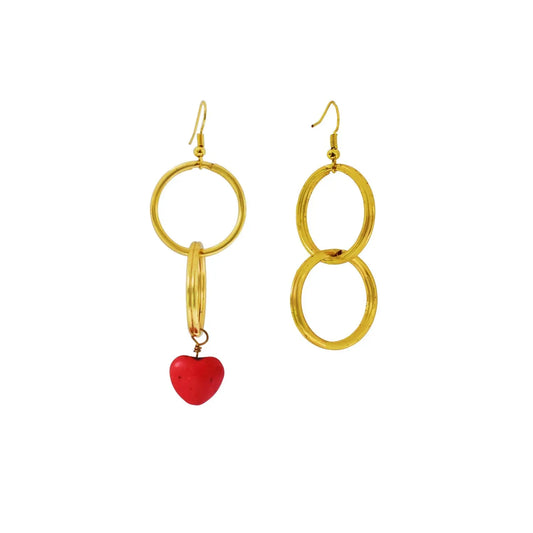 Signature Red Heart Double Loop Mismatched Earrings, Minimalist Earrings - Memoriex