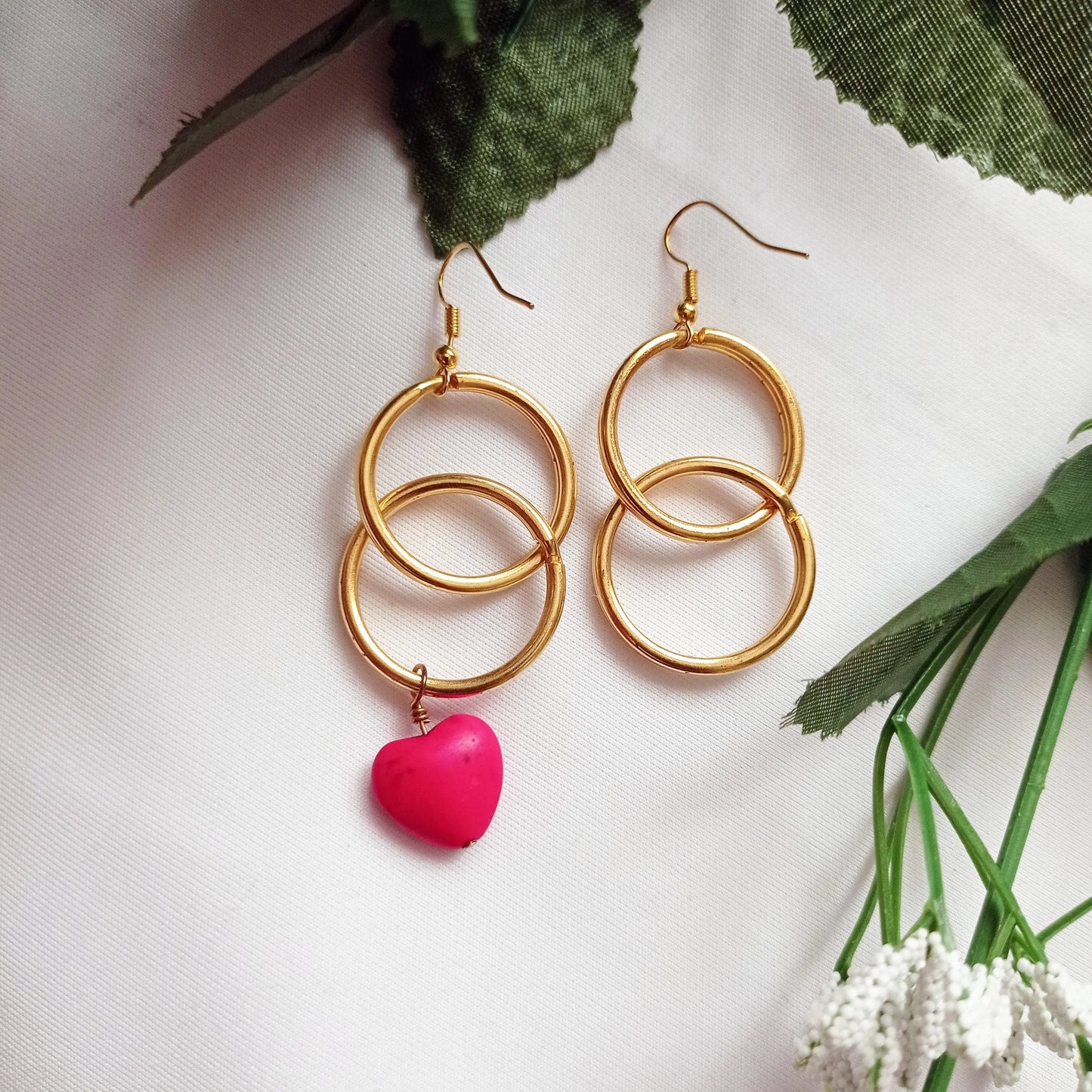 Signature Red Heart Double Loop Mismatched Earrings, Minimalist Earrings - Memoriex