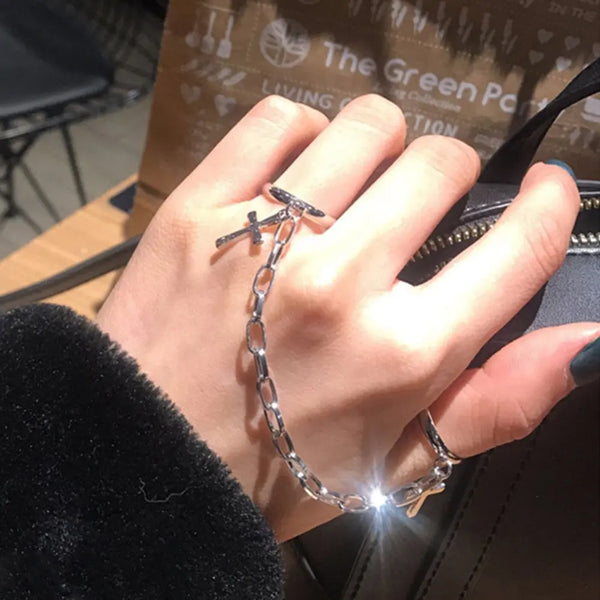 Silver Color Plated Retro Punk Hip-Hop Cross Ring Hand Finger Chain Adjustable Rings Jewelry Gift for Men Women Unisex Ring - Memoriex 