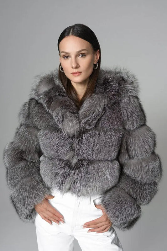 Silver Hooded Arctic Fox Raccoon Fur Jacket-0