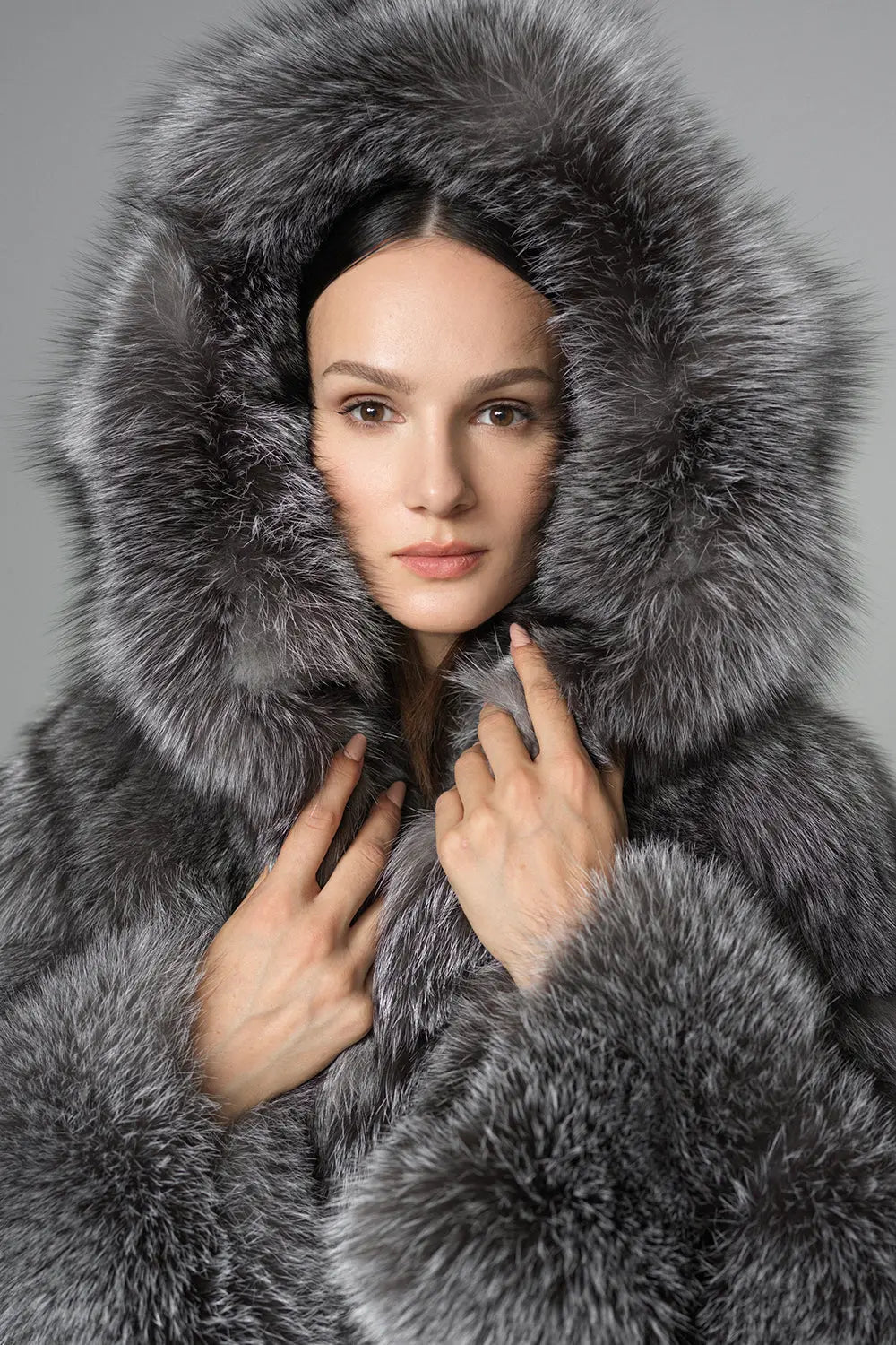 Silver Hooded Arctic Fox Raccoon Fur Jacket-2