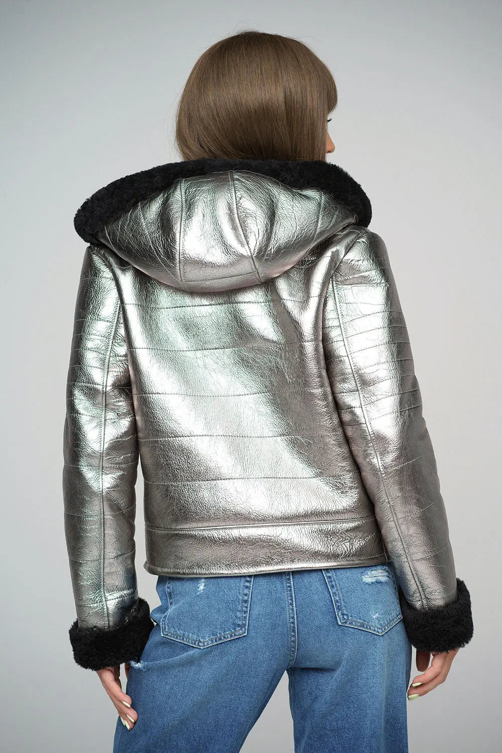 Silver Shearling Leather Hooded Jacket-2