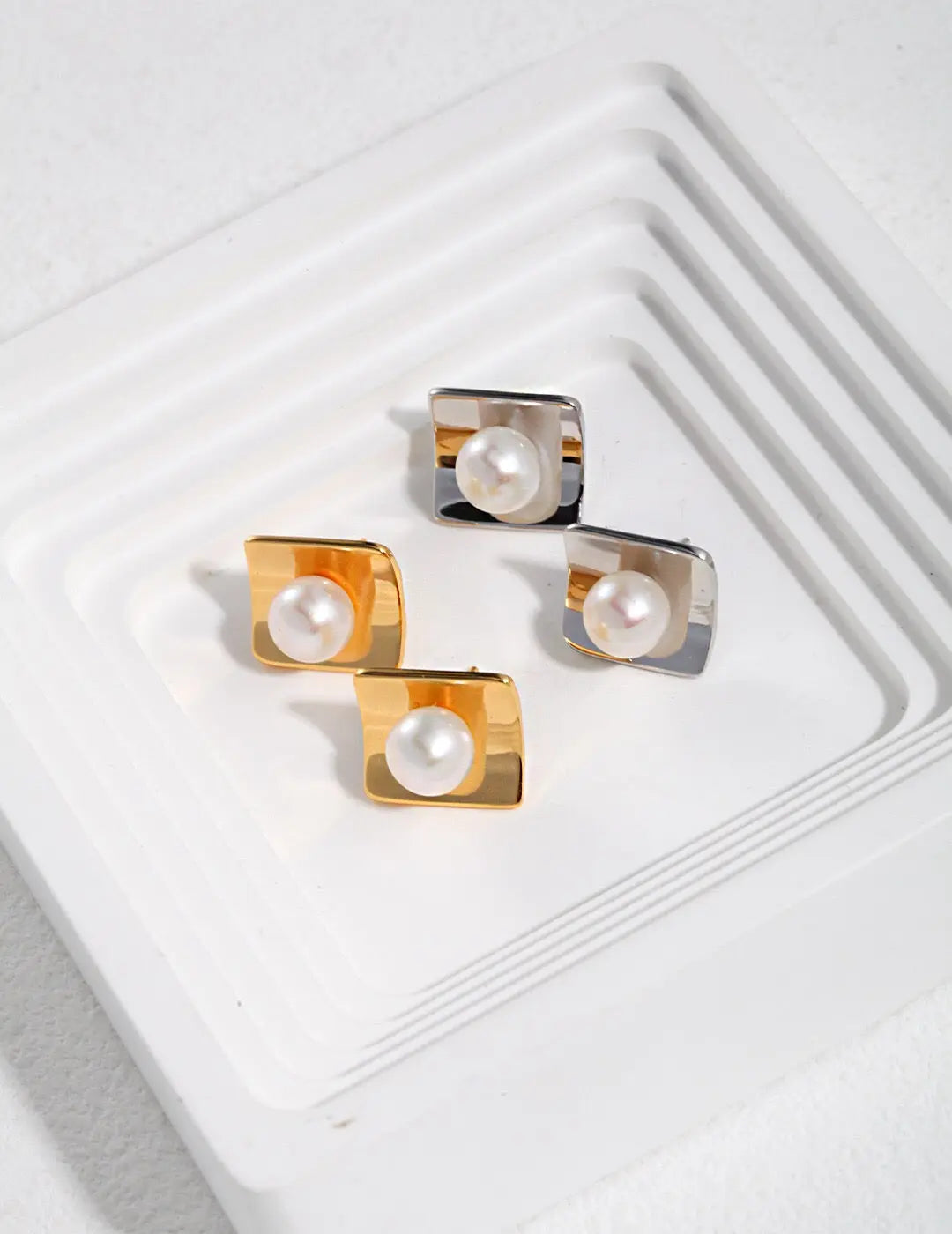 Simple Square Freshwater Pearl Stud-0