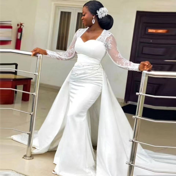 Slim High Waist White Satin Party Bridal Wedding Dress - Memoriex 