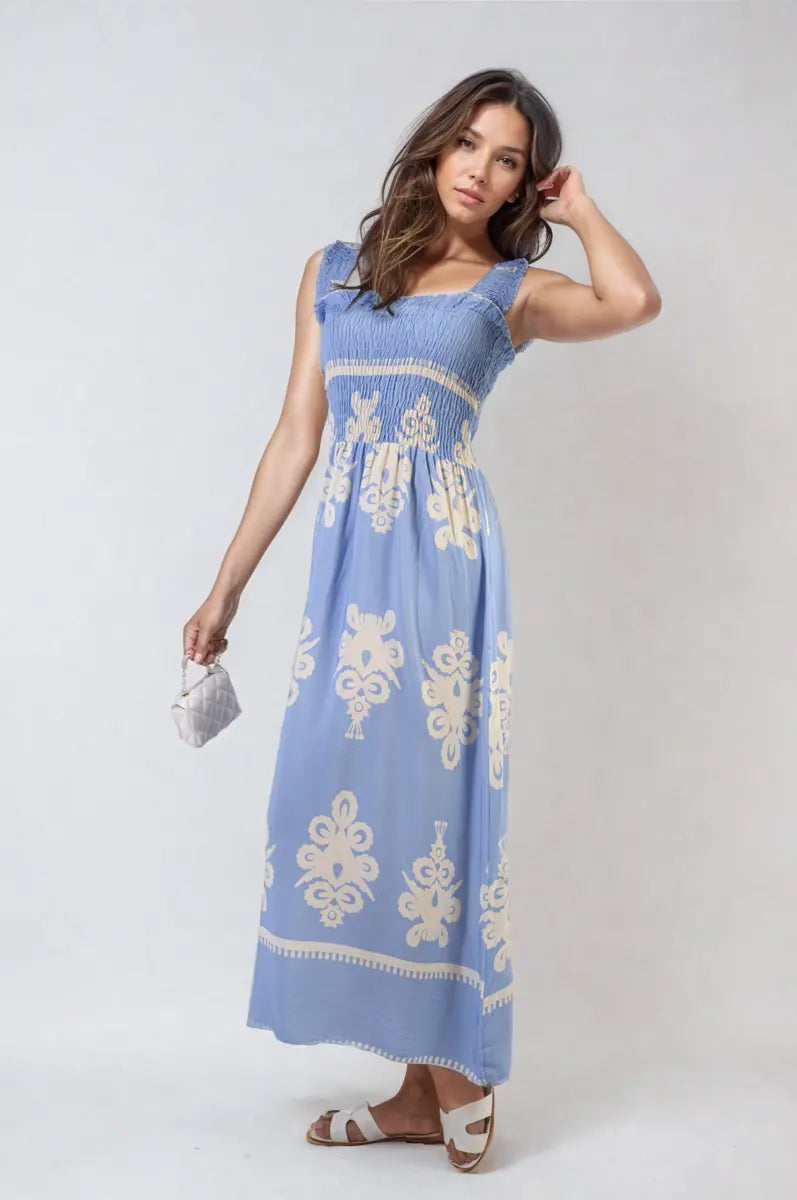 Smocked Sleeveless Flowy Tribal Print Summer Maxi Dress - Memoriex 