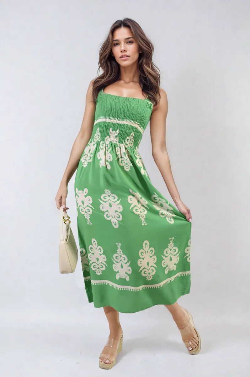 Smocked Sleeveless Flowy Tribal Print Summer Maxi Dress - Memoriex 