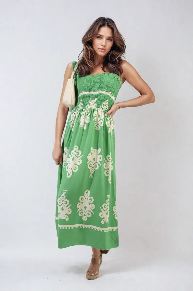 Smocked Sleeveless Flowy Tribal Print Summer Maxi Dress - Memoriex 