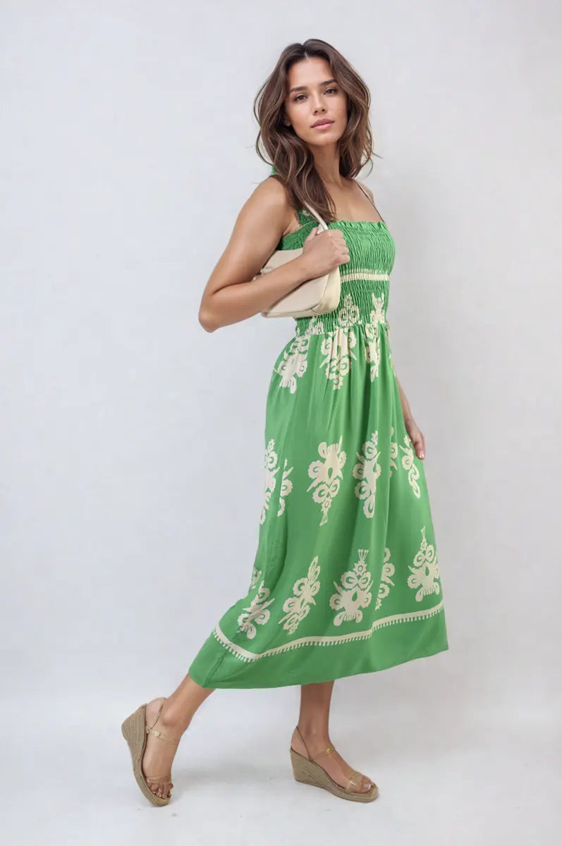 Smocked Sleeveless Flowy Tribal Print Summer Maxi Dress - Memoriex 