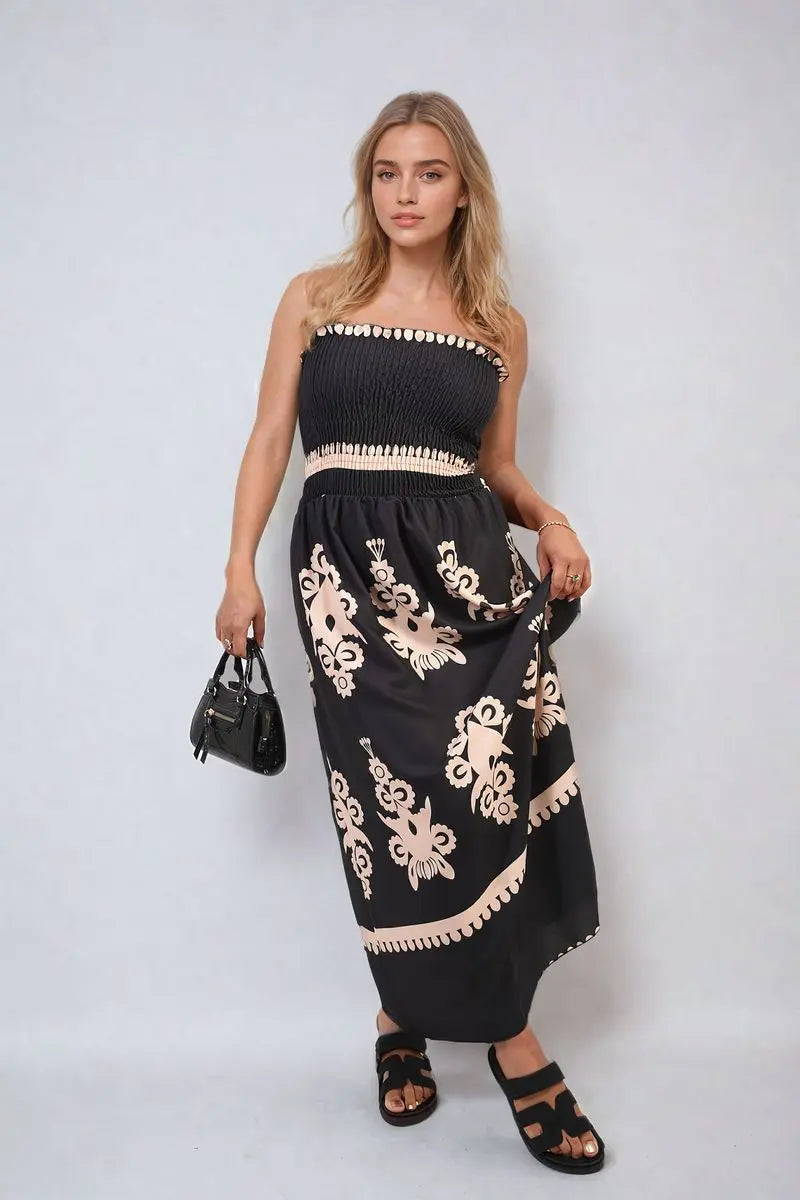 Smocked Sleeveless Flowy Tribal Print Summer Maxi Dress - Memoriex 