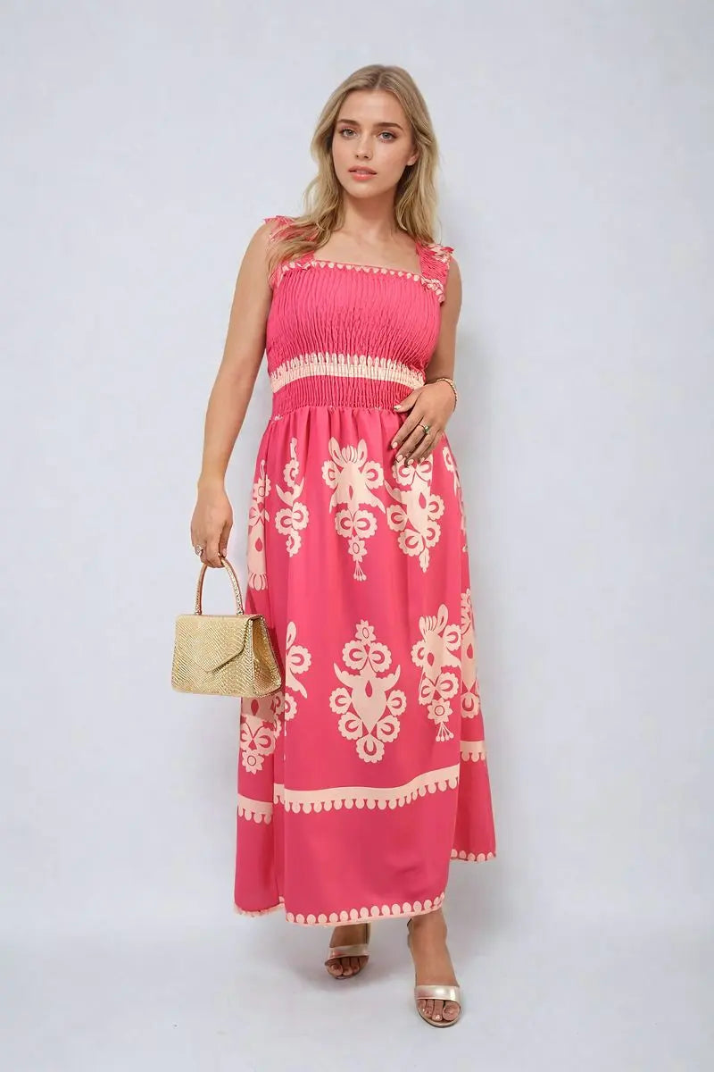 Smocked Sleeveless Flowy Tribal Print Summer Maxi Dress - Memoriex 