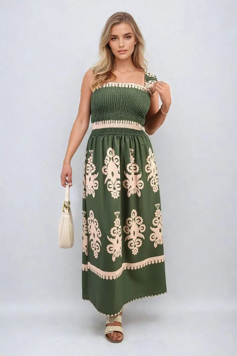 Smocked Sleeveless Flowy Tribal Print Summer Maxi Dress - Memoriex 