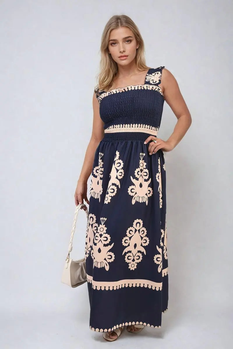 Smocked Sleeveless Flowy Tribal Print Summer Maxi Dress - Memoriex 