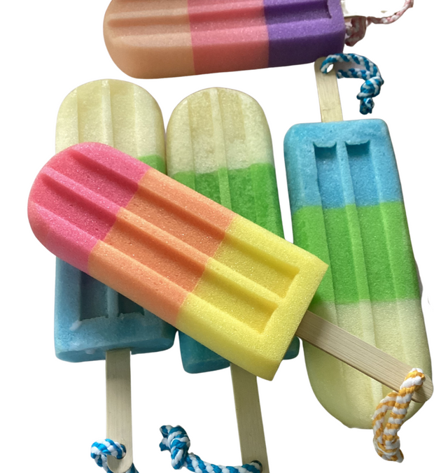 Soap Sponge on a Rope in a Jumbo Lolly Shaped Sponge Fragranced with Orange and Lemongrass, Lolly Soap on a Rope, Red Orange and Yellow - Memoriex 