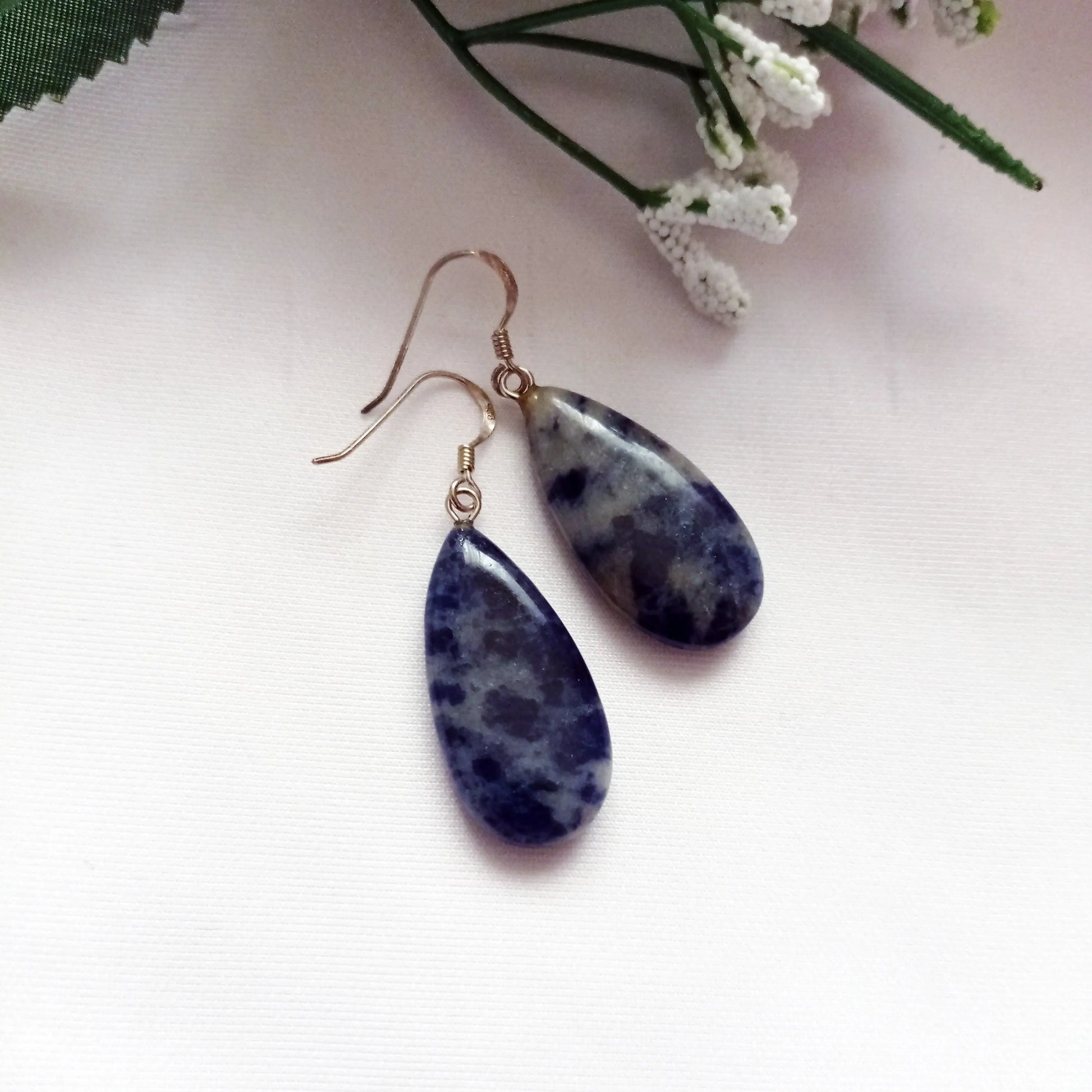 Sodalite Drop Earrings, Sterling Silver Earrings, Sodalite Gemstone - Memoriex