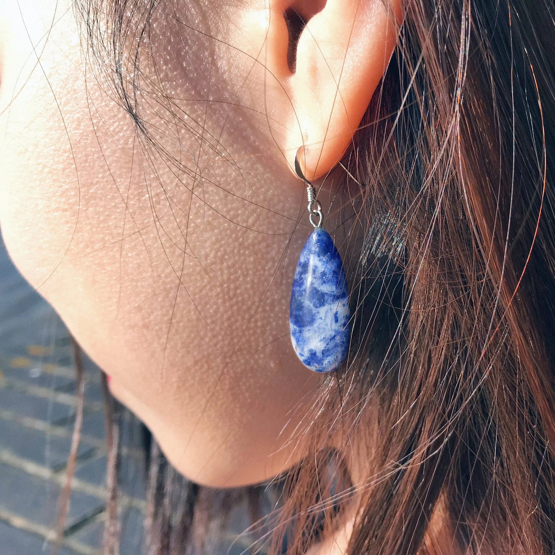 Sodalite Drop Earrings, Sterling Silver Earrings, Sodalite Gemstone - Memoriex