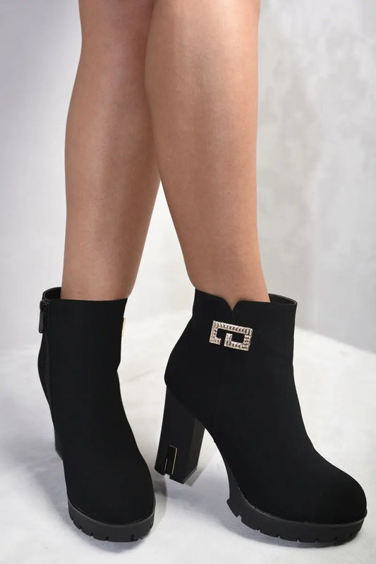 Soft Faux Suede Diamante Detail Chunky Ankle Boots - Memoriex 