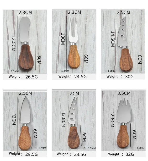 Stainless Steel Acacia Wooden Handle Gift Set Cheese Cheese Knife 6 Piece Cheese Knife Set - Memoriex 