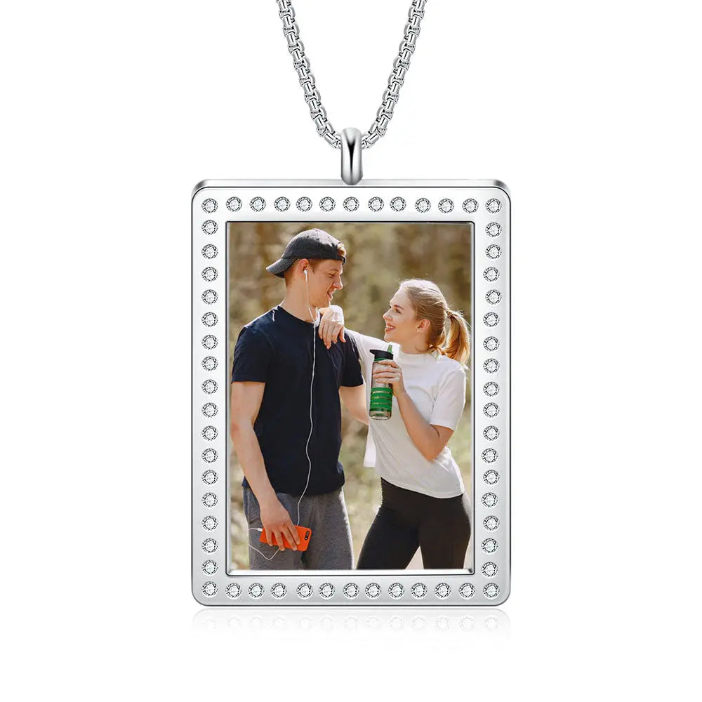 Stainless Steel Rectangle Photo Pendant Necklace-4