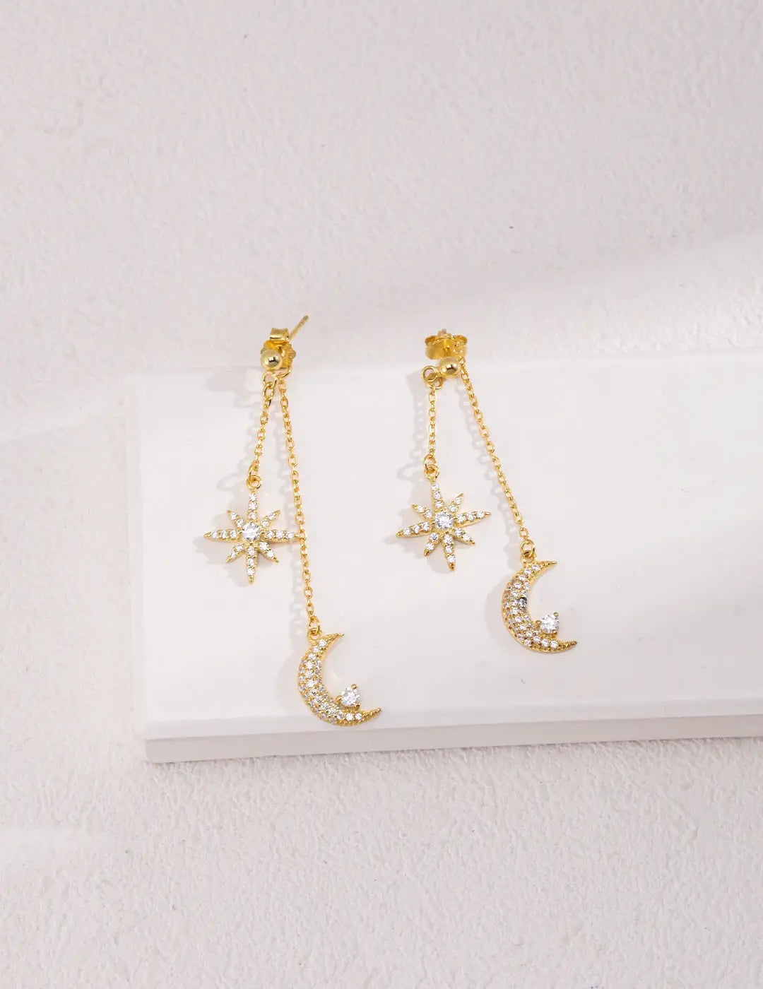 Star & Moon Zircon Drop Earrings-0