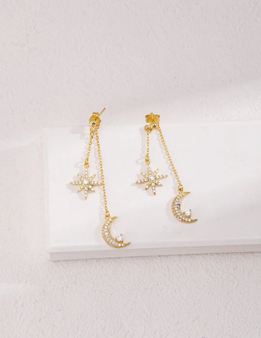 Star & Moon Zircon Drop Earrings-0