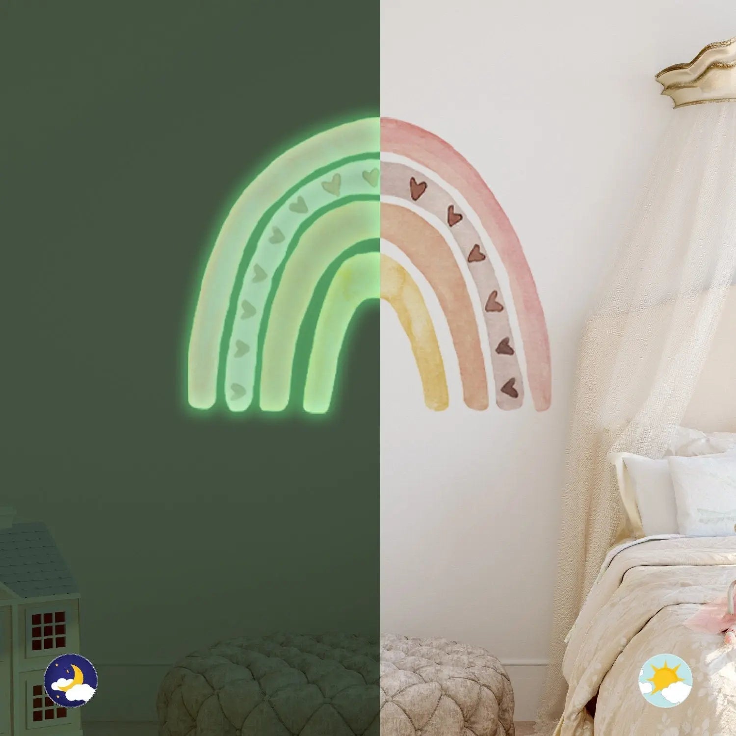 Sticker Kinderzimmer Wandaufkleber Boho Stil Regenbogen Wolken Leuchtet I Wand Deko I Wandtattoos I Babyzimmer Wand Deko I Sticker Set-0