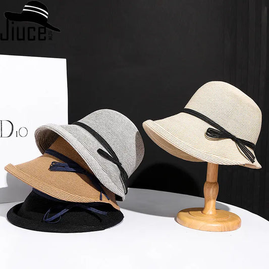 Straw Hat High Grade Thin Paper Straw Rope Bow Sun Hat Wild Big Brim Sun Hat Women - Memoriex 