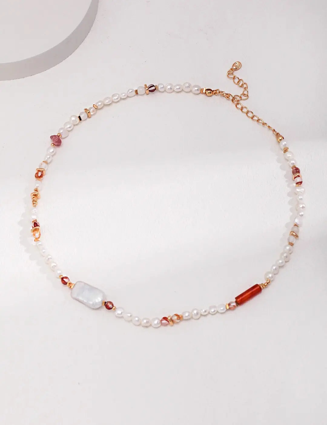 Strawberry Quartz With Baroque Pearl Necklace - Memoriex