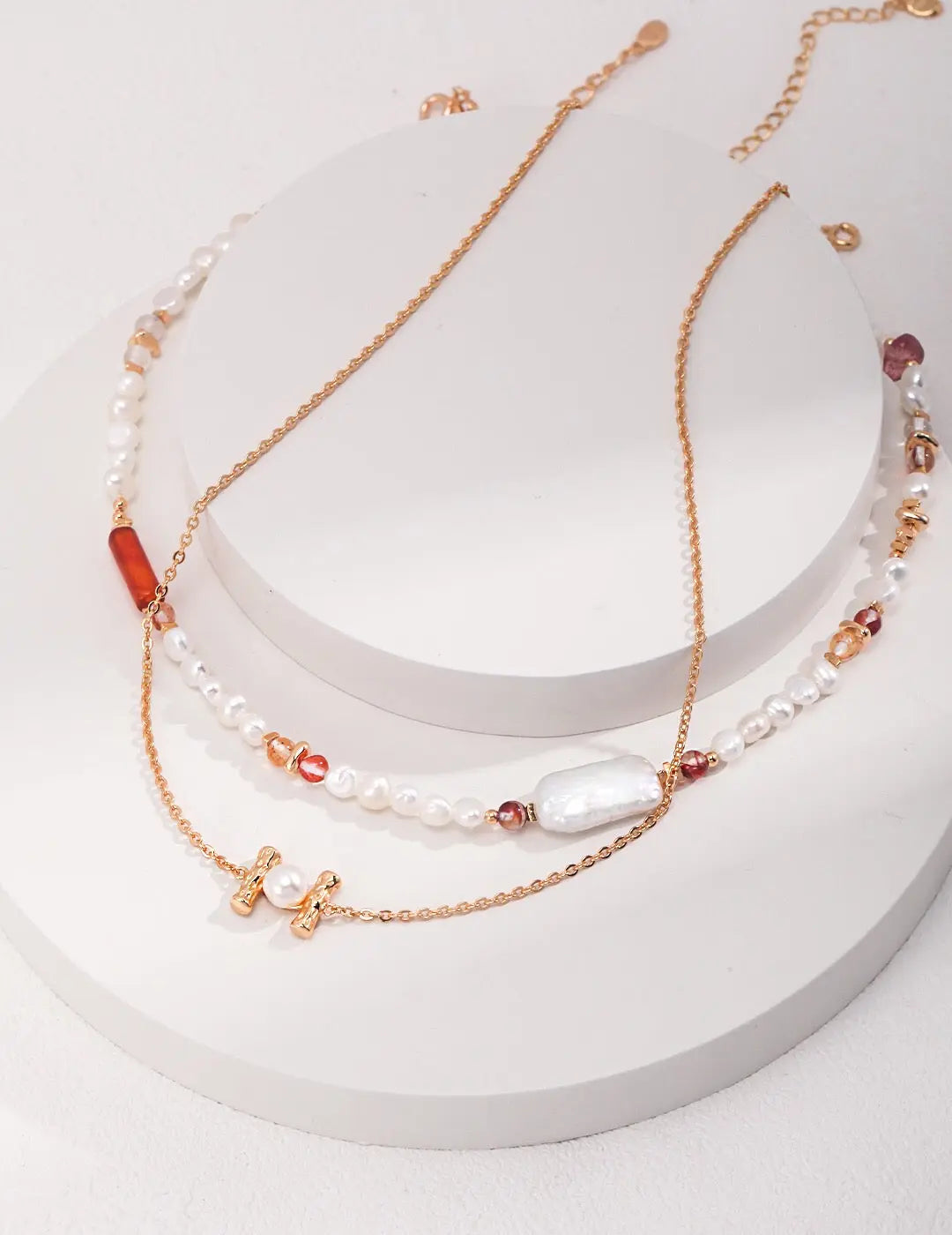 Strawberry Quartz With Baroque Pearl Necklace - Memoriex