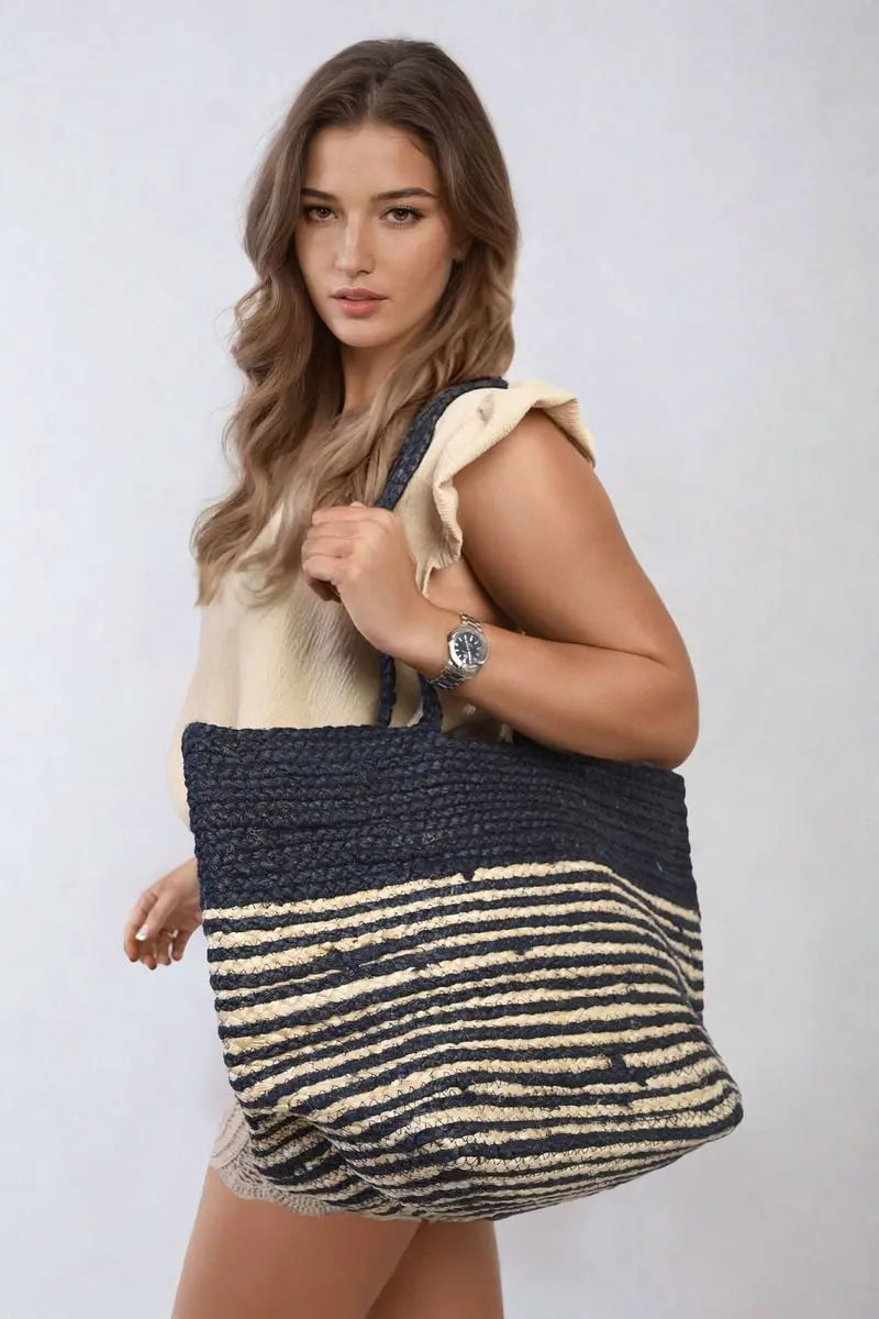 Striped Beach Braided Tote Bag-5