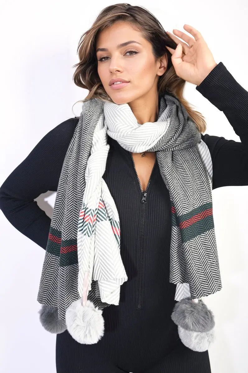 Striped Pompom Tassel Winter Scarf - Memoriex 