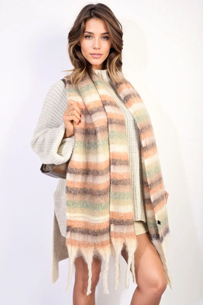 Striped Soft Comfortable Oversized Chunky Scarf with Tassel - Memoriex 