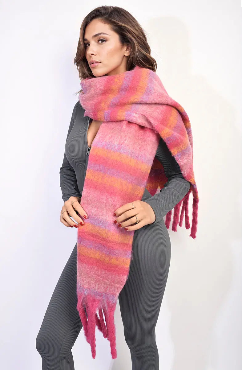 Striped Soft Comfortable Oversized Chunky Scarf with Tassel - Memoriex 