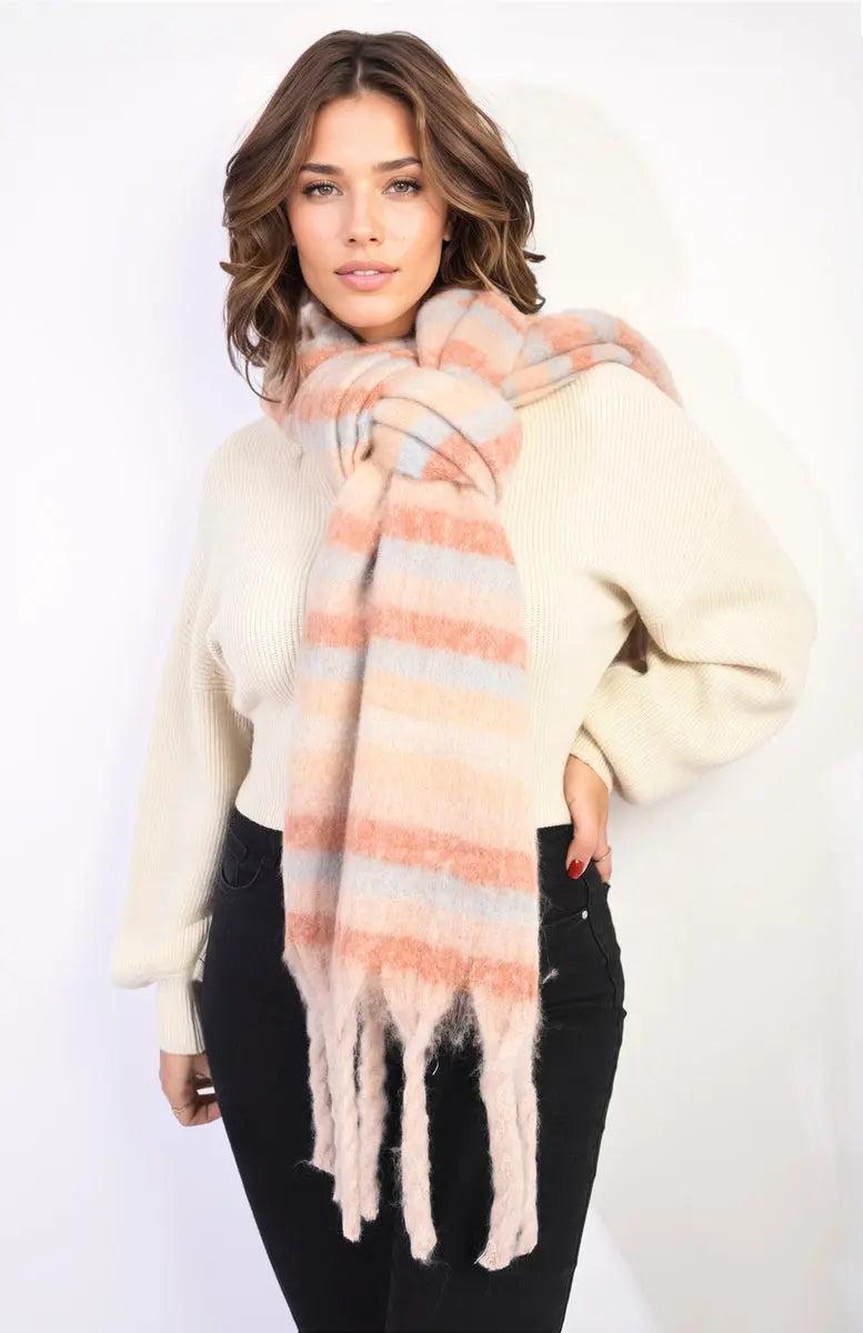 Striped Soft Comfortable Oversized Chunky Scarf with Tassel - Memoriex 