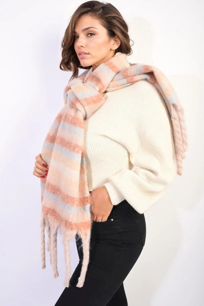 Striped Soft Comfortable Oversized Chunky Scarf with Tassel - Memoriex 