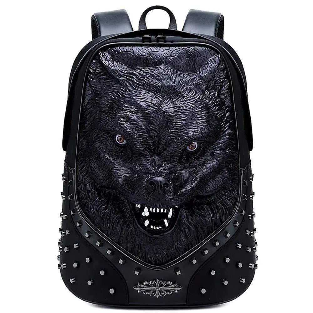 Studded Backpack Unisex 3D Angry Wolf PU Leather Casual Laptop Rivet Large Fashion Backpack-2