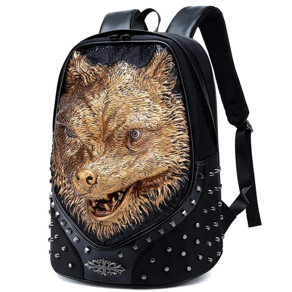 Studded Backpack Unisex 3D Angry Wolf PU Leather Casual Laptop Rivet Large Fashion Backpack-3